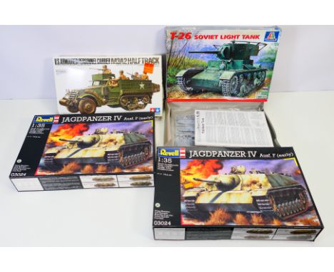 Tamiya - Revell - Italeri - Four boxed 1:35 scale plastic military model vehicle kits. Lot consists of Revell #03024 Jagdpanz