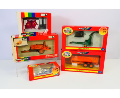 Britains - Five boxed Britains 1:32 scale diecast model farm implements. Lot consists of Britains #9537 Superspray Tanker; #4