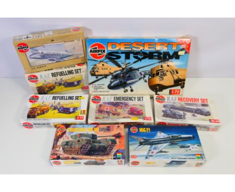 Airfix - Eight boxed 1:72 scale model kits from Airfix. Lot includes Airix #3901 Desert Storm 3 Kit set; #03001 DH Heron II; 