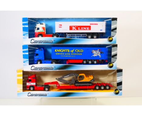 Cararama - Three boxed diecast 1:50 scale model trucks from Cararama. Lot consists of Cararama Volvo Globetrotter 'Knights of