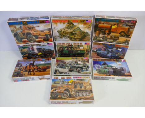 Science Treasury - Ten boxed 1:72 scale military vehicle plastic model kits. Lot includes #05 Volga, #13 Tank Truck #14 Tract