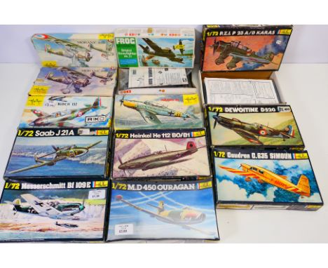 Heller - Frog - 12 boxed mainly Heller 1:72 scale plastic model aircraft kits. Lot includes Heller #208 Caudron C.635 Simoun;