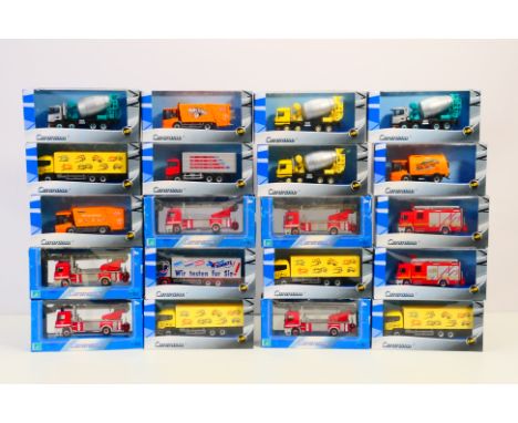 Cararama - A boxed group of 20 Cararama diecast/plastic 1:80 scale models fire trucks, trucks and rubbish truck. Models appea