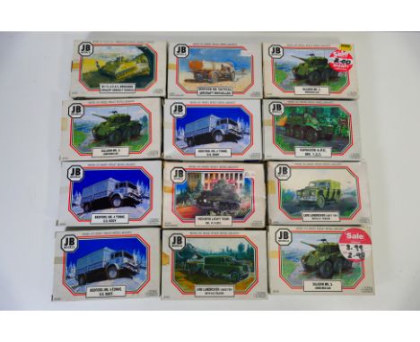 JB Models - 12 boxed 1:76 scale military vehicle plastic model kits. Lot includes JB1004 Saladin Mk2 Armoured Car; JB1003 LWB