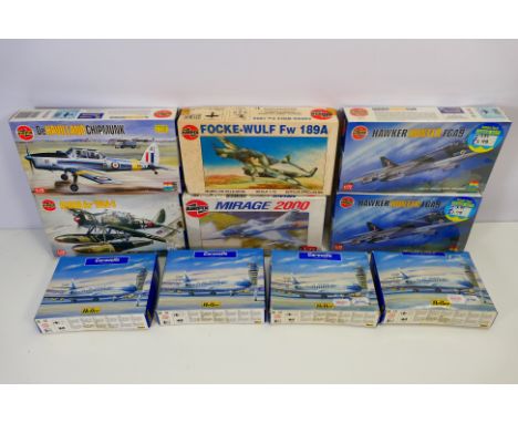 Airfix - Heller - 10 boxed 1:72 scale plastic military aircraft model kits. Lot includes Airfix #02073 Hawker Hunter FGA9; #0