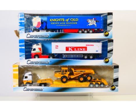 Cararama - Three boxed diecast 1:50 scale model trucks from Cararama. Lot consists of Cararama Volvo Globetrotter 'Knights of