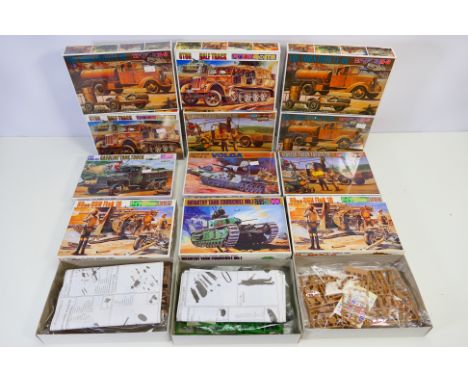 Science Treasury - 12 boxed 1:72 scale military vehicle plastic model kits. A mix of sealed kits and open kits with with loos