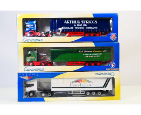 Cararama - Three boxed diecast 1:50 scale model trucks from Cararama. Lot consists of Cararama #569-014 Scania Curtainside 'A