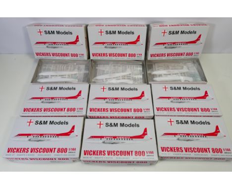 S&M Models - Nine boxed S& M Models #SMK44-01 Vickers Viscount 800 1:144 plastic model kits. Kits appear Mint with loose part