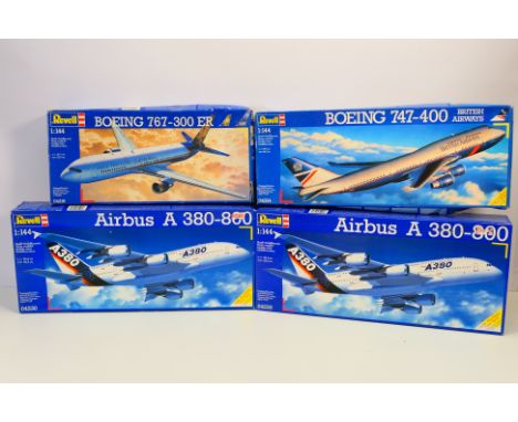 Revell - Four boxed 1:144 scale plastic commercial aircraft model kits. Lot consists of Revell #04204 Boeing 747-400 'British
