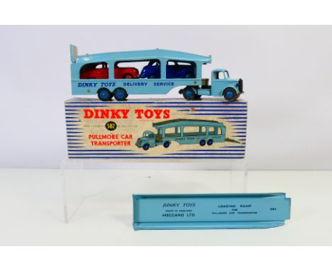 Dinky - A boxed Bedford Pullmore Car Transporter # 582 with and unboxed loading ramp and 2 x unboxed cars, Austin Devon # 40d