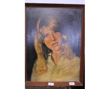 A vintage hand painted oil on board of a young Julie Christie. 56cm x 41cm
