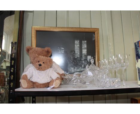 Two Fraser teddy bears, collection of crystal glassware and a print.