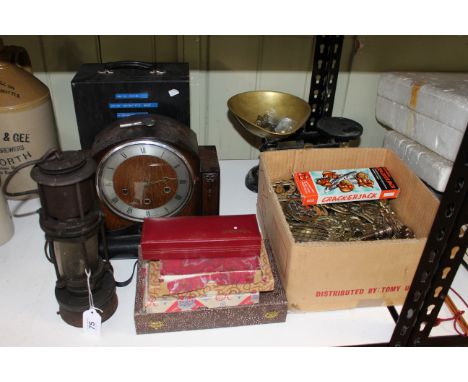 Miners lamp, cased microscope, scales, mantel clock, horsebrasses, cased cutlery, etc.