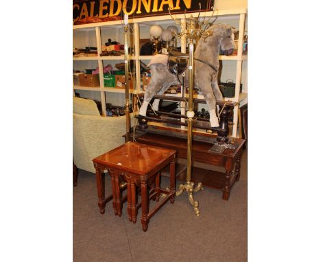 Brass triform standard lamp, brass triform hat tree and nest of three polished tables (3).