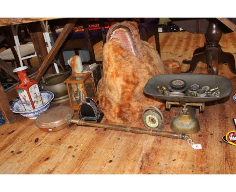 Large wall mounted bear head, Avery scales with weights, Staffordshire dog, horseshoe clock, antique blue and white bowl, etc