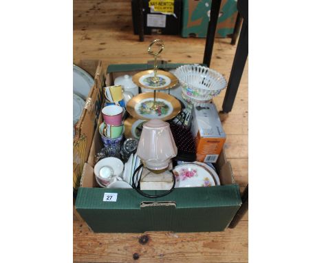 Box stool containing cutlery, watches etc, and box of china, glass, lamp, etc.