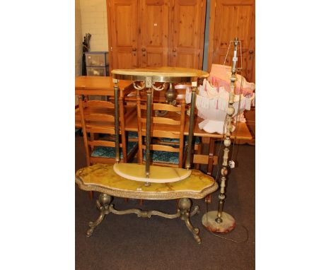 Three various onyx and gilt tables, standard lamp and collection of shades.