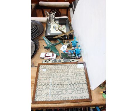 1850 alphabet sampler signed Mary Wilkinson, 27cm by 22cm, trench art plane and Dinky Junkers model planes, bird paintings, e