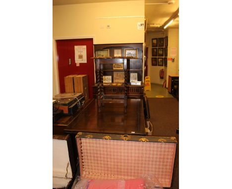 Oak shelf back dresser, draw leaf dining table and barley twist occasional table (3).