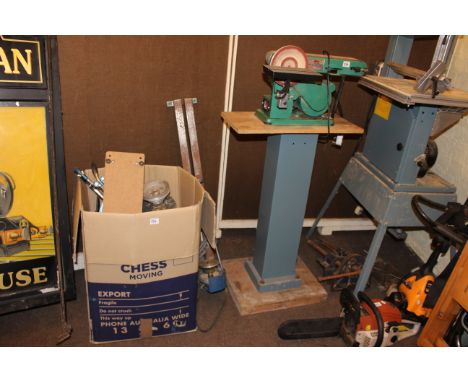 Multico combination belt-disc sander, lathe bed, box of tools, vice, etc.