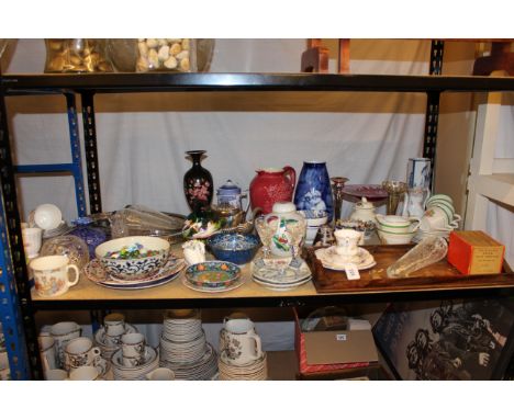 Shelf lot of EPNS, inlaid tray, decorative china and glass.