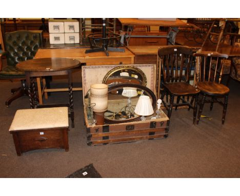 Two farmhouse kitchen chairs, oak barley twist occasional table, box stool, five wall mirrors, vintage trunk and contents.