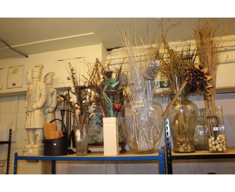 Two picnic baskets, large pair figures, coal bucket, compendium set, needlework firescreen, six vases and artificial plants.