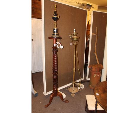 Edwardian brass telescopic standard oil lamp converted to electric, mahogany tripod plant stand and brass mounted table lamp 