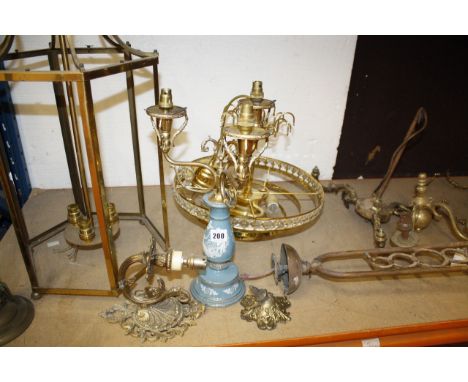 A brass hall lantern (af), a ceiling light, wall brackets, lighting parts etc