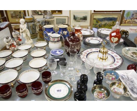 A quantity of decorative ceramics and glassware to include stoneware flagons, part tea and dinner service etc 