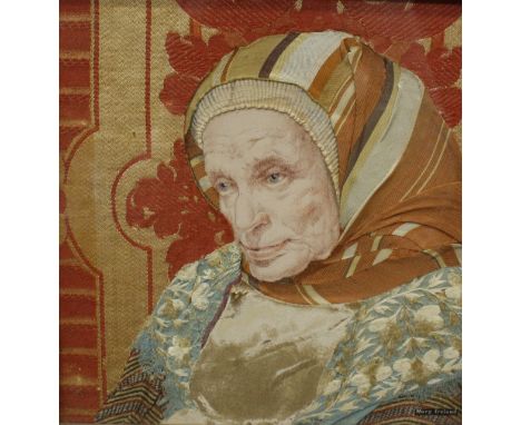 Mary Ireland (b. 1891-)Textile portrait of an elderly ladyFabric collage, with watercolourSigned lower right24.5cm x 24.5cm.