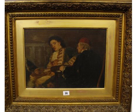 George Ogilvy Reid (1851-1928)The Spider and the FlyOil on canvas laid on boardContemporary manuscript label of Falkirk Art G