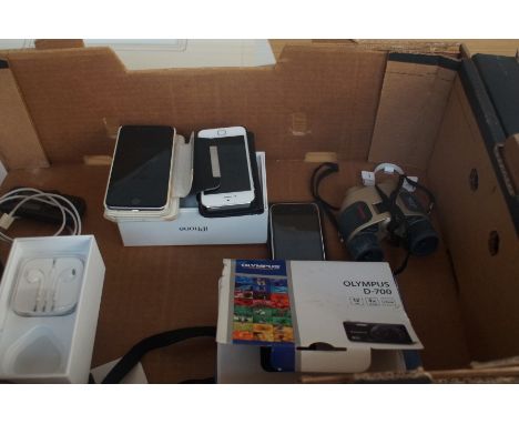 Box to include 3 Iphones, Olympus D-700 Camera and Binoculars (All Electronics Untested)