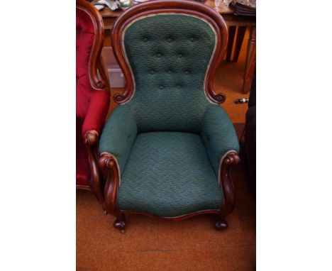 Edwardian Balloon Back Armchair with Button Back Upholstery on original Casters