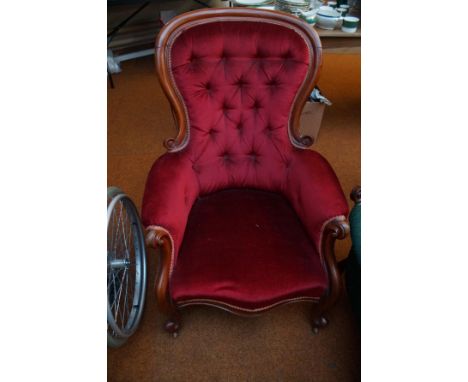 Edwardian Balloon Back Armchair with Button Back Upholstery on original Casters