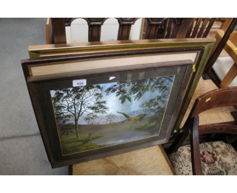A framed print, watercolour study of a farmyard scene and a foil picture