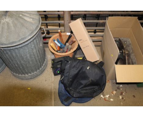 A wicker basket and contents of gardening tools; an electrical extension reel bag; Coopers drain cleaner etc