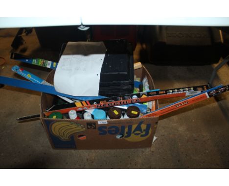 A box containing various garden tools, bow saw blades, plastic plant trays and various garden soil additives, liquids etc.