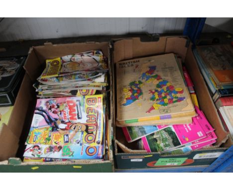 A box of Ordnance Survey maps, three puzzle maps and a box of Beano comics