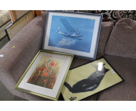 A wool work study of a Siamese cat, pencil signed limited edition print of poppies and a framed print 'Battle of the Atlantic