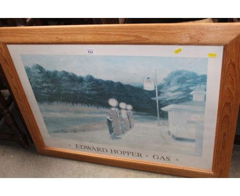 A pine framed Edward Hopper print entitled "Gas"