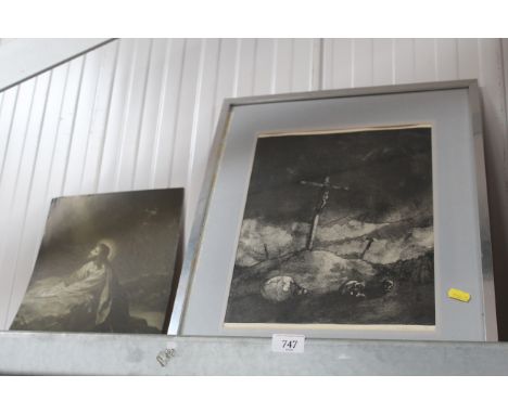 A pencil signed black and white engraving and religious print