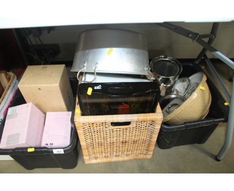 Three boxes of various glass and china to include enamel jug, preserve pan, mixing bowl etc.