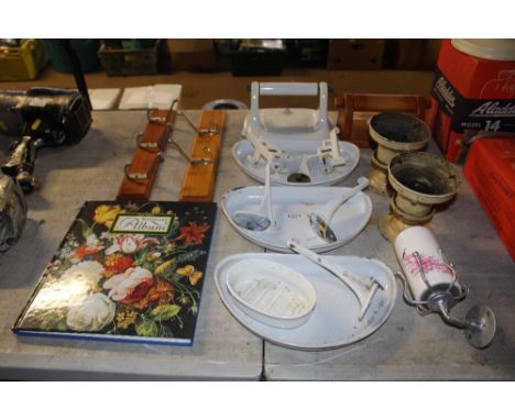 A quantity of enamel ware to include coat hooks, trays, Royal Doulton of London toilet roll holder, various wooden items to i