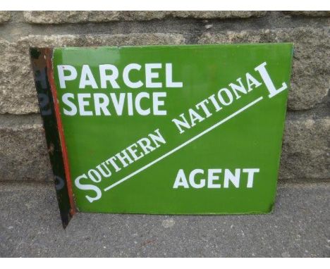 A Southern National 'Parcel Service Agent' double sided enamel sign with hanging flange, in excellent condition, 15 x 12".
