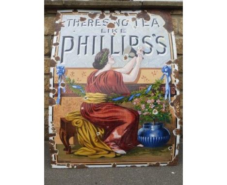 A large Phillips's Tea pictorial enamel sign depicting a classical figure sat carving the letter 'S', 36 x 48".