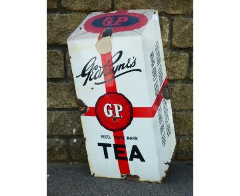 A Geo. Payne's Tea pictorial enamel sign in the form of a packet of tea, 17 1/2 x 32 1/2".