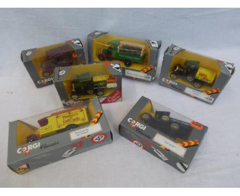 Six boxed Corgi die-cast models: Ford Model T no. C864/1, Ford Model T no. C864, Thornycroft no. C867, Ford Model T no. C880,