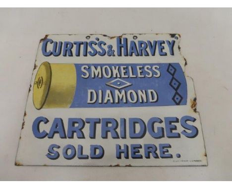 A rare Curtis's & Harvey's Smokeless Diamond Cartridges part pictorial hanging double sided enamel sign by Burnham of London,